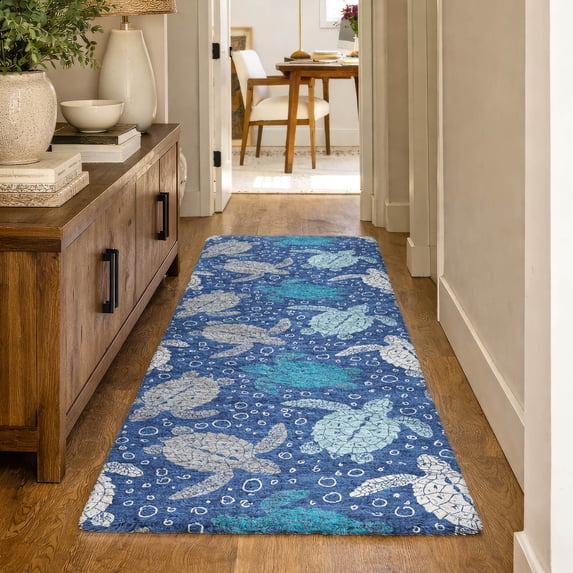Addison Rugs Dream Shag Premium Machine Washable Transitional Turtles Blue Runner Rug, 2'3" x 7'6"