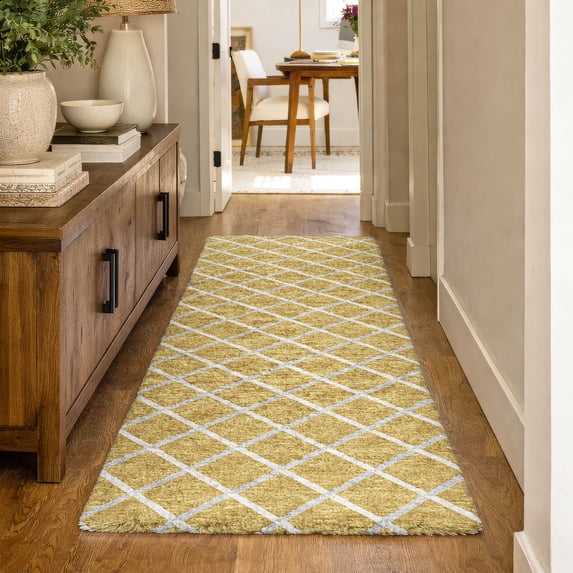 Addison Rugs Dream Shag Premium Machine Washable Transitional Lattice Gold Runner Rug, 2'3" x 7'6"