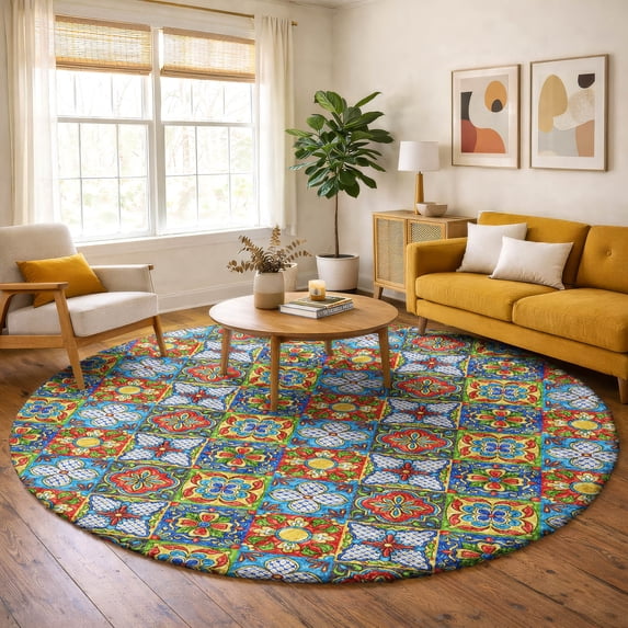 Addison Rugs Dream Shag Premium Machine Washable Transitional Spanish Tiles Kaleidoscope Round Rug, 8' x 8'