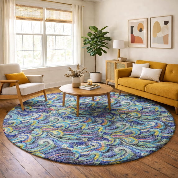 Addison Rugs Dream Shag Premium Machine Washable Transitional Mosaic Waves Ocean Round Rug, 8' x 8'