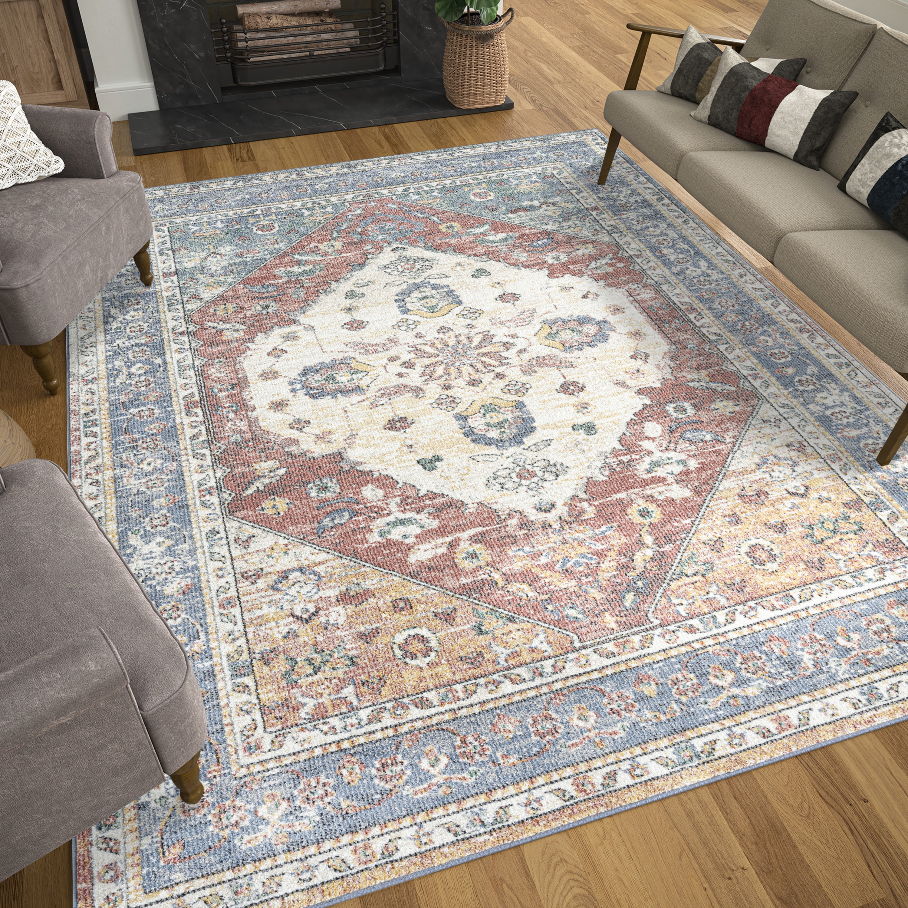 Addison Traditional 5' x 7' Cream and Blue Polypropylene Indoor Area Rug