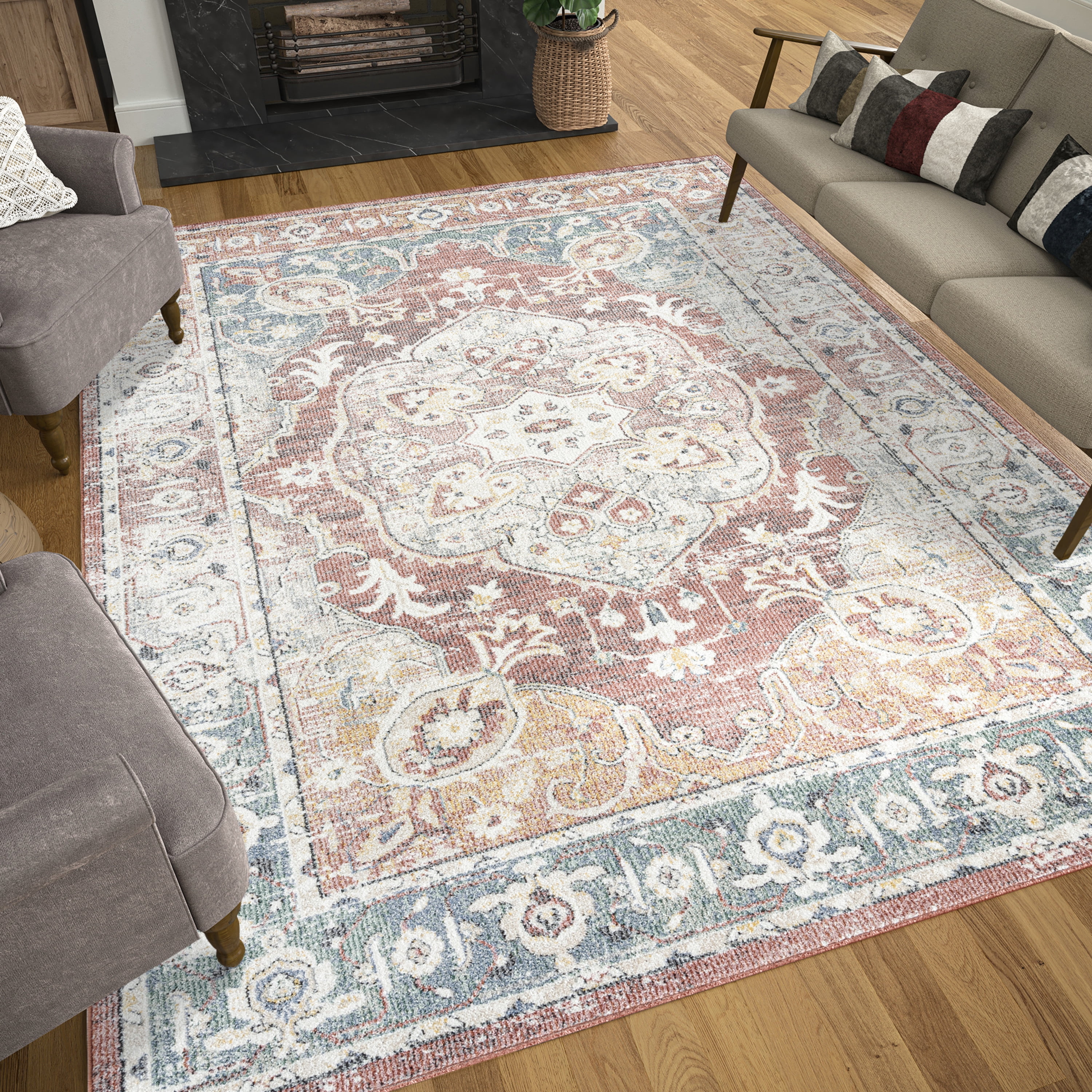 Addison Traditional 5' x 7' Rust and Blue Polypropylene Indoor Area Rug