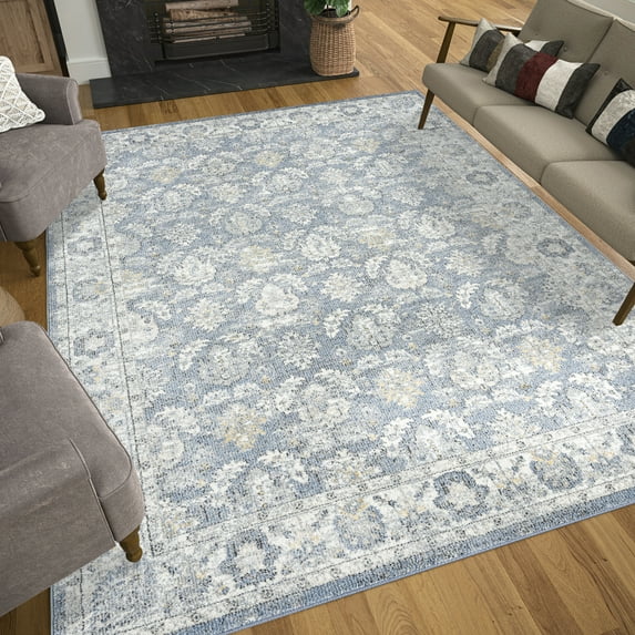 Addison Traditional 9' x 12' Blue and Cream Polypropylene Indoor Area Rug