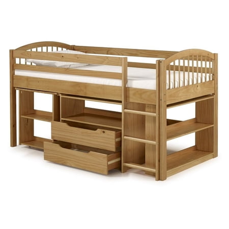 Addison Wood Junior Loft Bed with Storage Drawers, Bookshelf, and Desk, Cinnamon