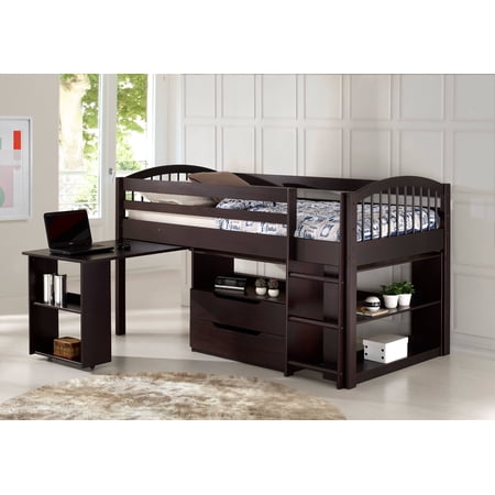 Addison Wood Junior Loft Bed with Storage Drawers, Bookshelf, and Desk, Espresso