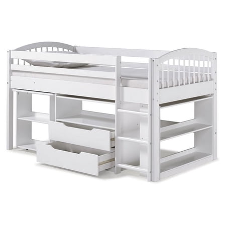 Addison Wood Junior Loft Bed with Storage Drawers, Bookshelf, and Desk, White