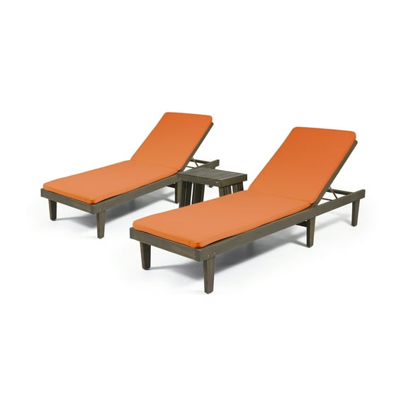Addisyn Outdoor Acacia Wood 3 Piece Chaise Lounge Set with Cushions, Gray and Orange