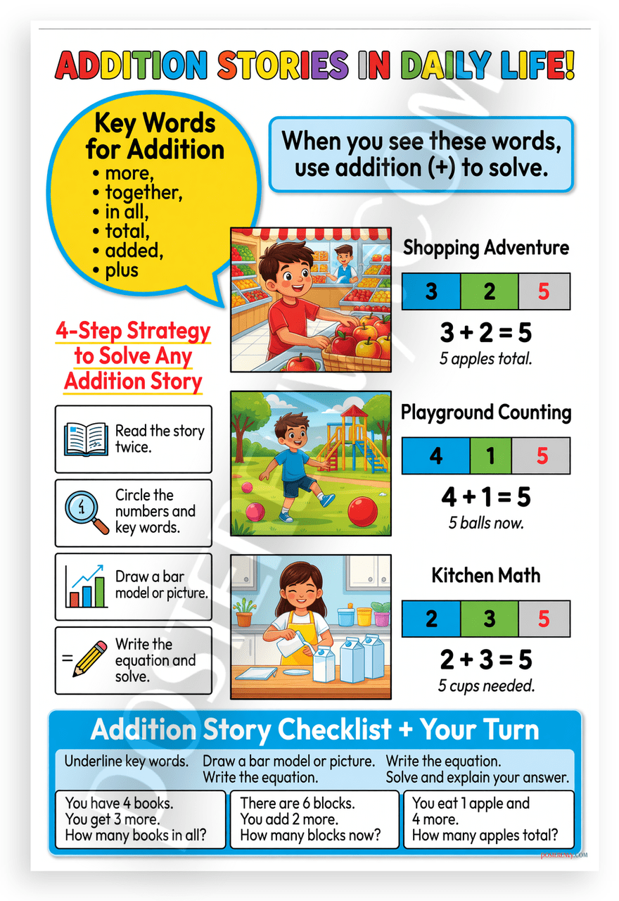 Addition Stories in Daily Life Educational Math 12x18 US Made Poster ...