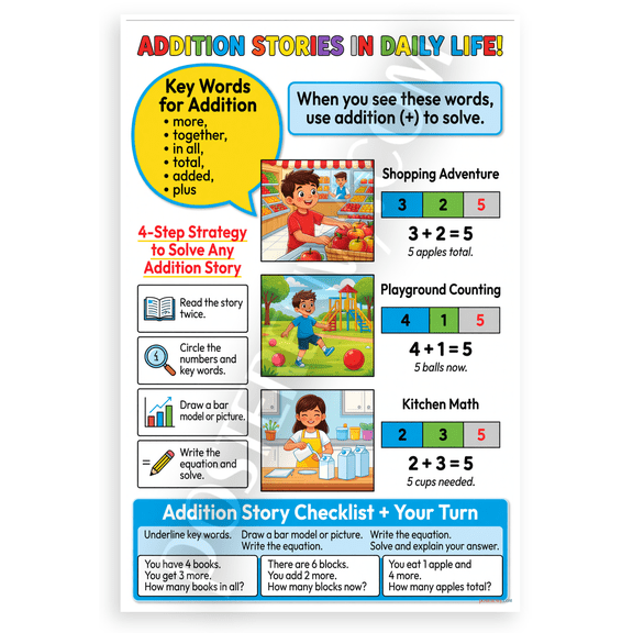 Addition Stories in Daily Life Educational Math 12x18 US Made Poster