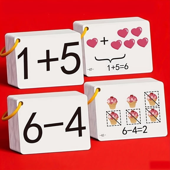 Addition and Subtraction Flash Cards with Visual Counting Aids and Ring Binding, Comprehensive Deck, White with Colorful Illustrations, for Preschoolers and Kindergarteners, Hobby