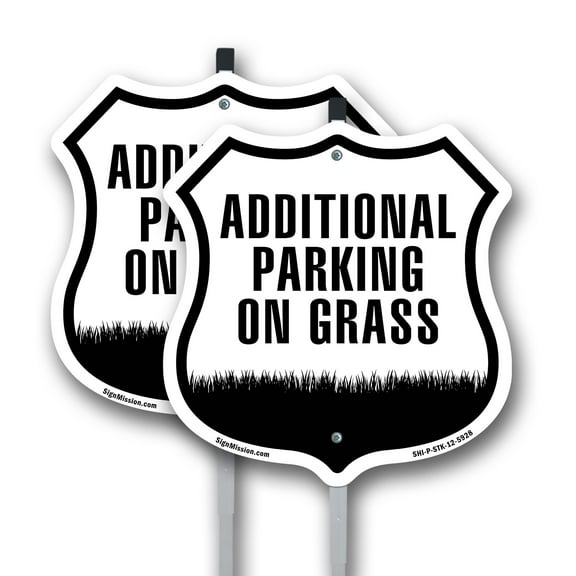 Additional Parking On Grass (2 Pack) 12 inch X 12 inch Shield Shaped Rust-Free Aluminum Metal Signs with Aluminum Mounting Stakes Weather Resistant Made in the USA
