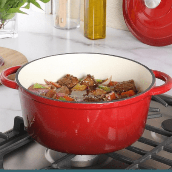 Addlestone 5-Quart Red Enamel Cast Iron Dutch Oven with Lid and Dual Handles Durable Round Cooking Pot