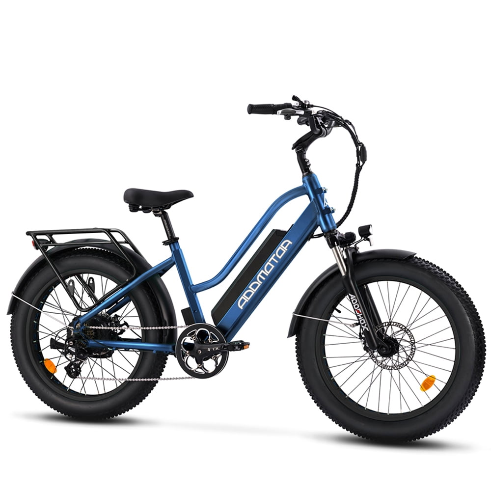 Addmotor 24 In. Electric Bicycle, 750W Step-Thru Fat Tire Electric Bike,  Pedal Assist Cruiser City Ebike for Adults, Shimano 7 Speed, 28MPH, M-430  Cyan 