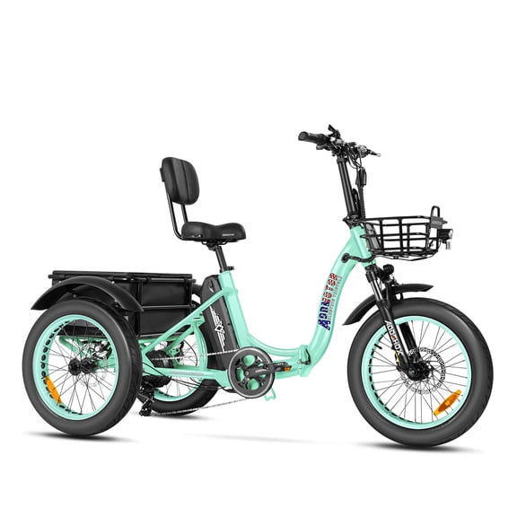 Addmotor 750W Foldable Electric Tricycle,50-90 Miles, Folding Electric Trike for Adults,48V 20Ah Removable Battery,20" Fat Tire Electric Trikes with Rear Speed Differential,M-330F Cyan