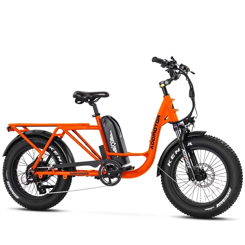 Addmotor Cargo Electric Bike, 105 Miles Range Electric Bicycle, 750W 48V 20AH Removable Samsung Battery UL Certified, Fat Tire Ebike for Adults, Shimano 7 Speed, M-81 Orange