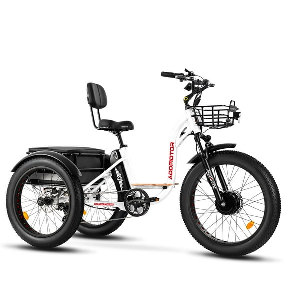 Addmotor Electric Trike, 750W Electric Tricycle for Adults M-340 Plus 3 Wheel Electric Bicycle 85 MI Long Range, 450 lbs,48V 20Ah Removable Battery, Big Baskets, 3 Wheel Step-Thru Electric Bike, White