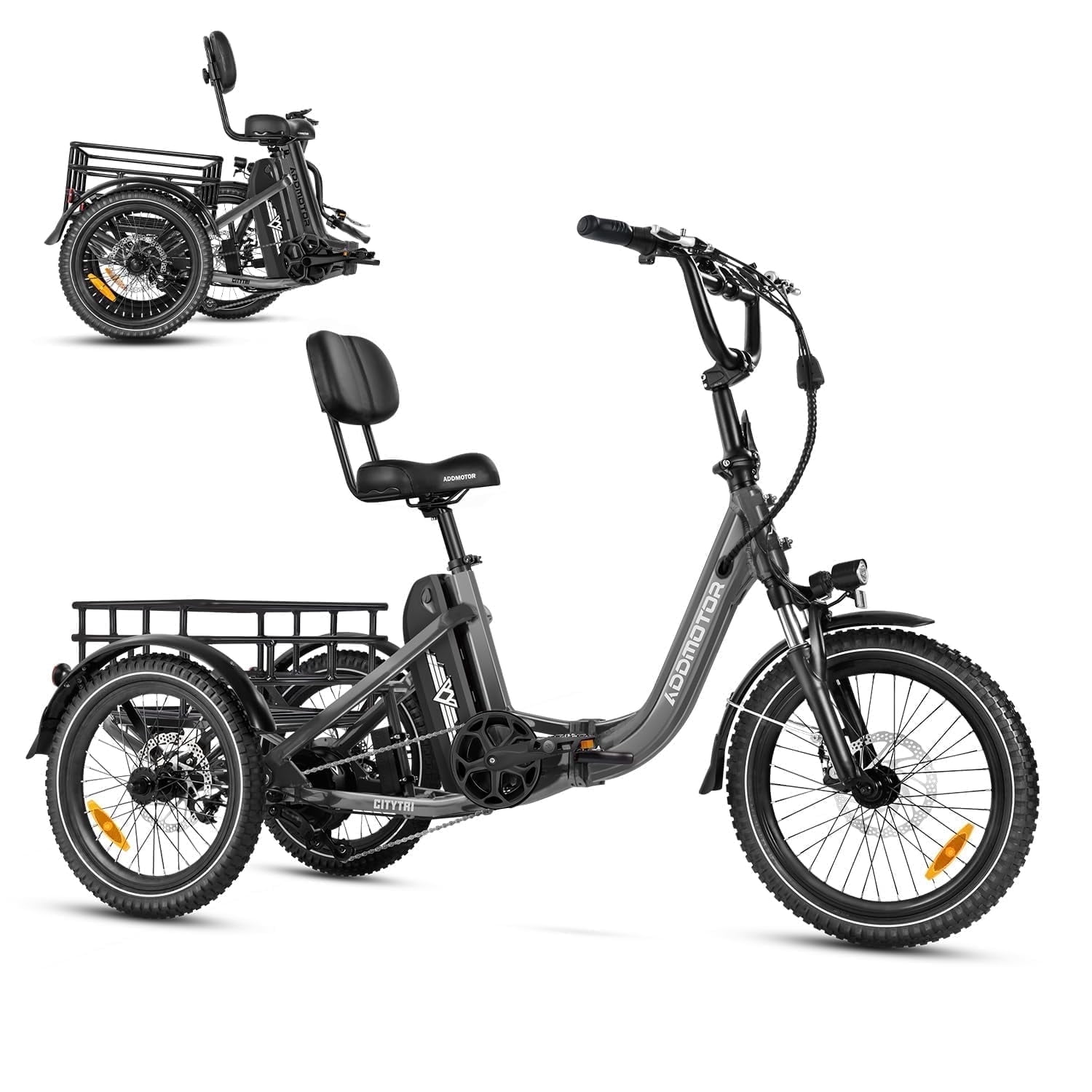 Addmotor Electric Trike for Adults, 750W, Folding Electric Tricycle, 48V 20Ah, 90MI, 380lbs, 3 Wheel Electric Bikes, Step Through Etrike, Parking Brake, Rear Motor & Differential, E-310 Gray