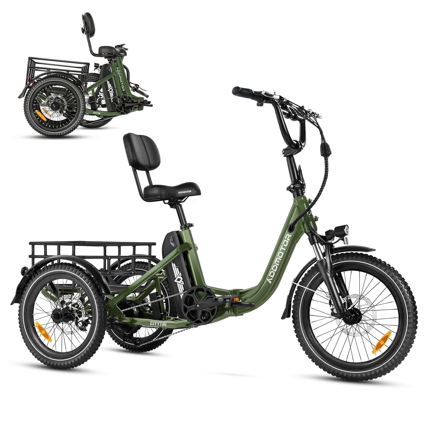 Addmotor Electric Trike for Adults, 750W, Folding Electric Tricycle, 48V 20Ah, 90MI, 380lbs, 3 Wheel Electric Bikes, Step Through Etrike, Parking Brake, Rear Motor & Differential, E-310 Green