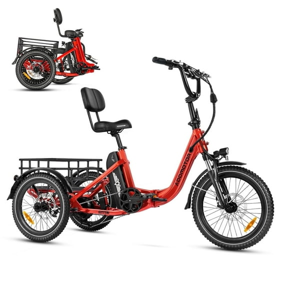 Addmotor Electric Trike for Adults, 750W, Folding Electric Tricycle, 48V 20Ah, 90MI, 380lbs, 3 Wheel Electric Bikes, Step Through Etrike, Parking Brake, Rear Motor & Differential, E-310 Red