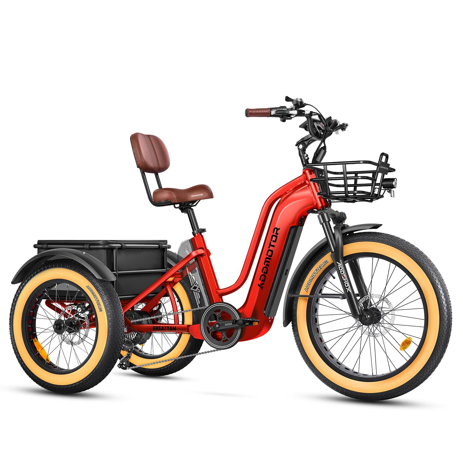 Addmotor Electric Trike for Adults, 750W Rear Mount Motor Electric Tricycle, 85MI/160MI, 48V 20AH/40AH Dual Battery System, 3 Wheel Electric Bicycle w/Parking Brake, Differential, Fat Tire M-370 Red