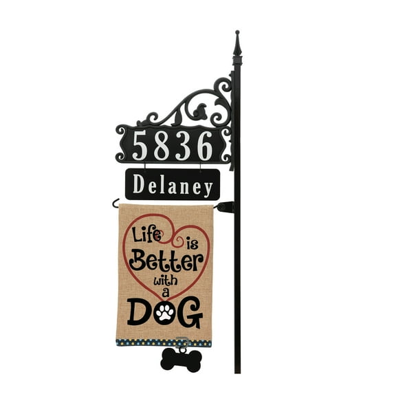 Address America Boardwalk Address Sign With Name Rider And Flag - 58" Pole - "Life is Better with a Dog" Flag