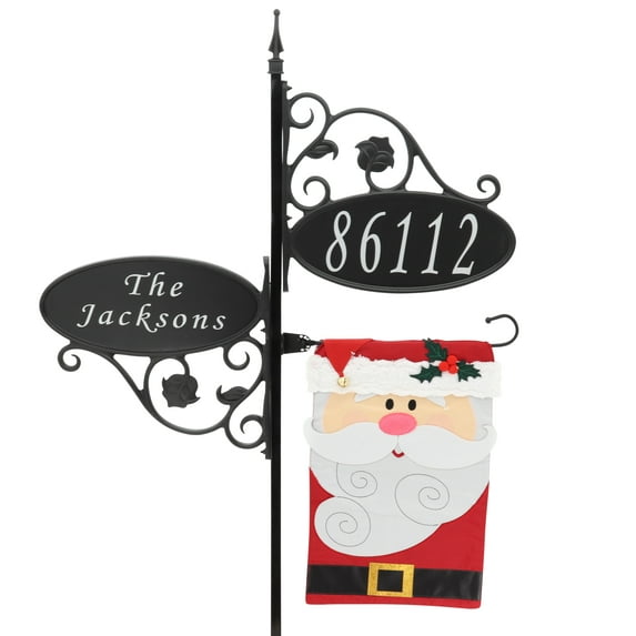Address America USA Handcrafted, Double-Sided Double Park Place Oval Reflective Address Sign With Flag - 47" Pole - Santa Flag