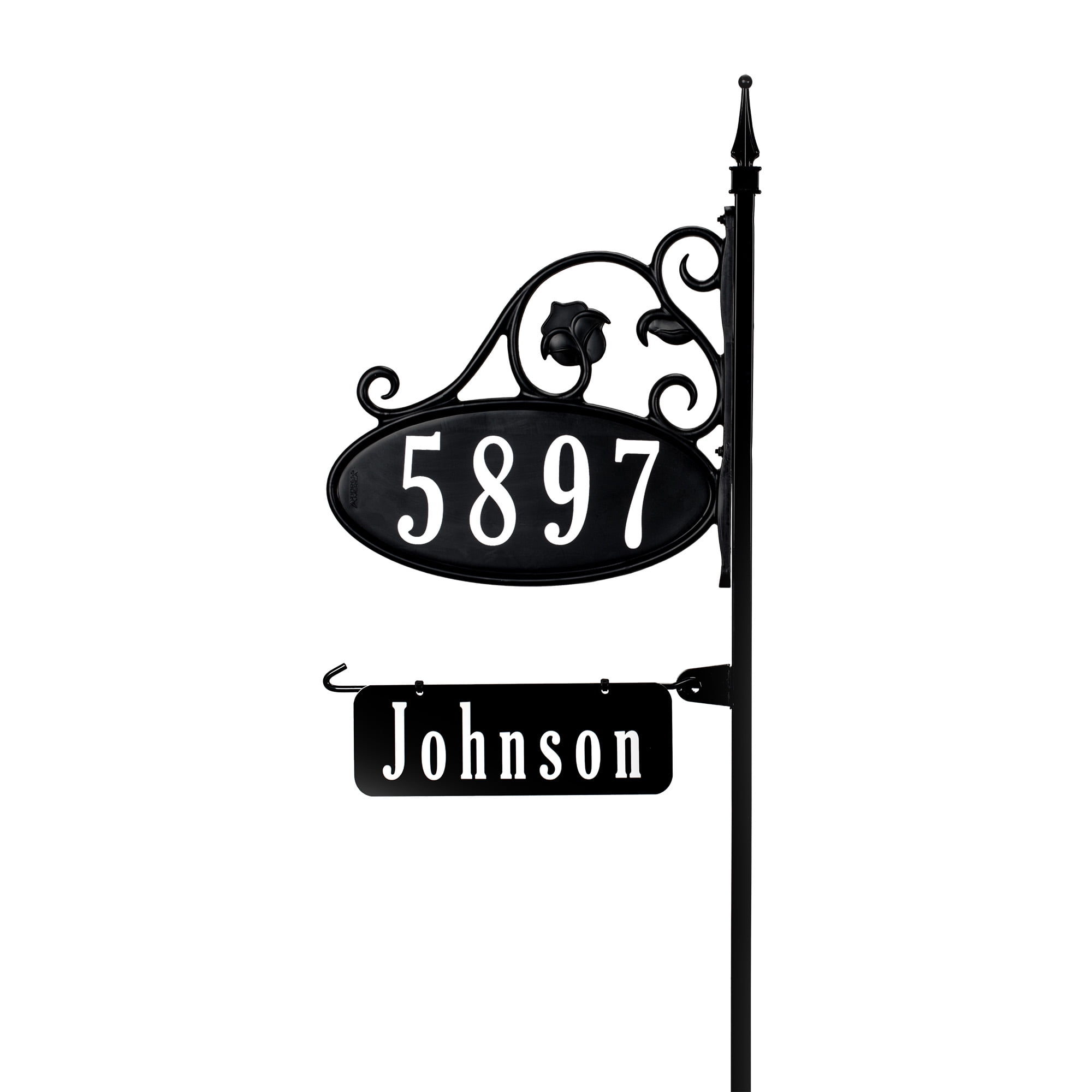 Black Oval Reflective Metal Address Plaque with Post
