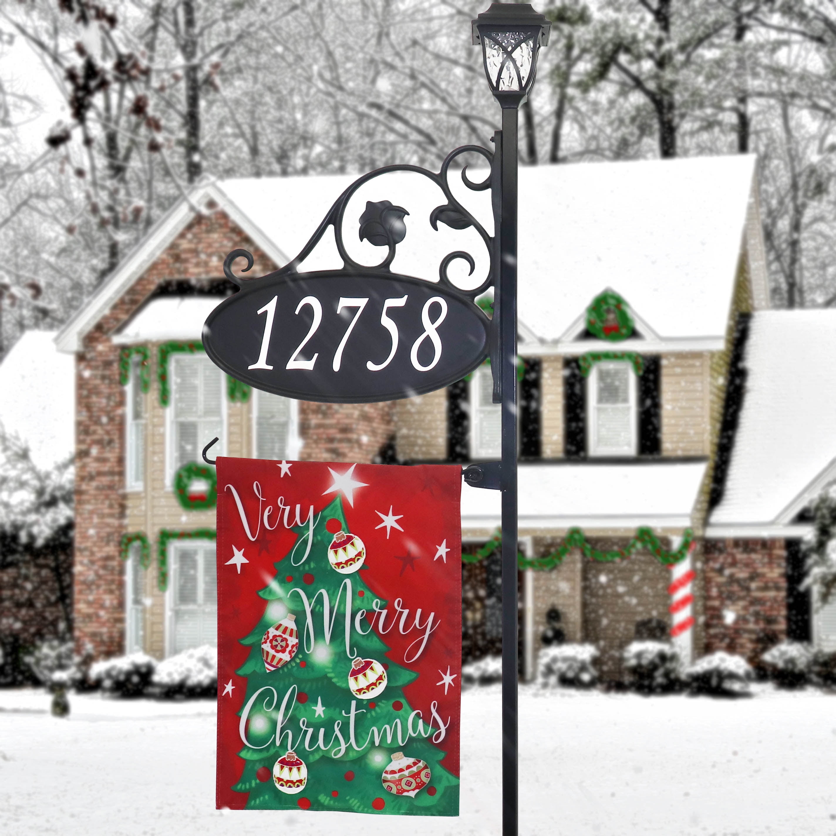47" Black Oval Address Sign with LED Light and Christmas Flag