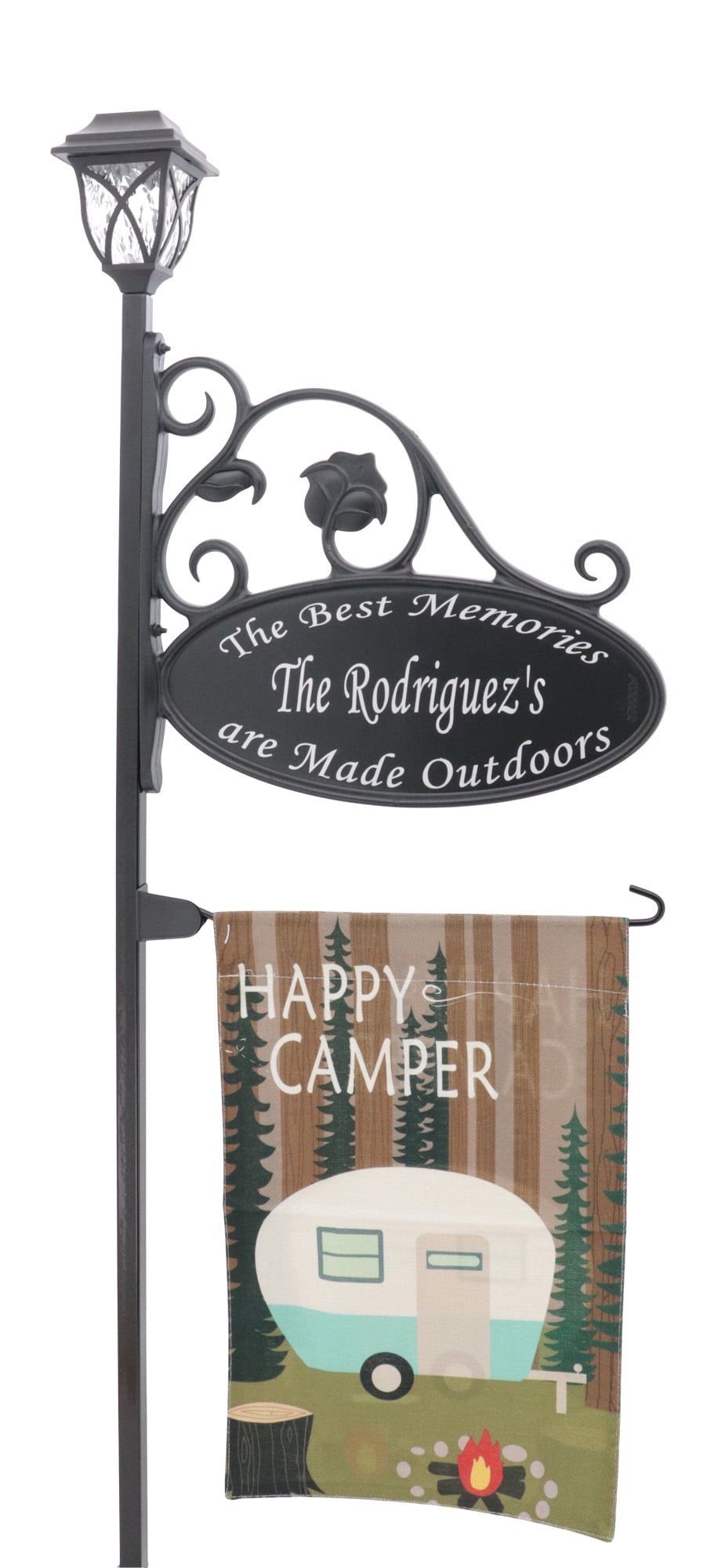 58" Black Metal Camping Sign with Solar Light and Flag