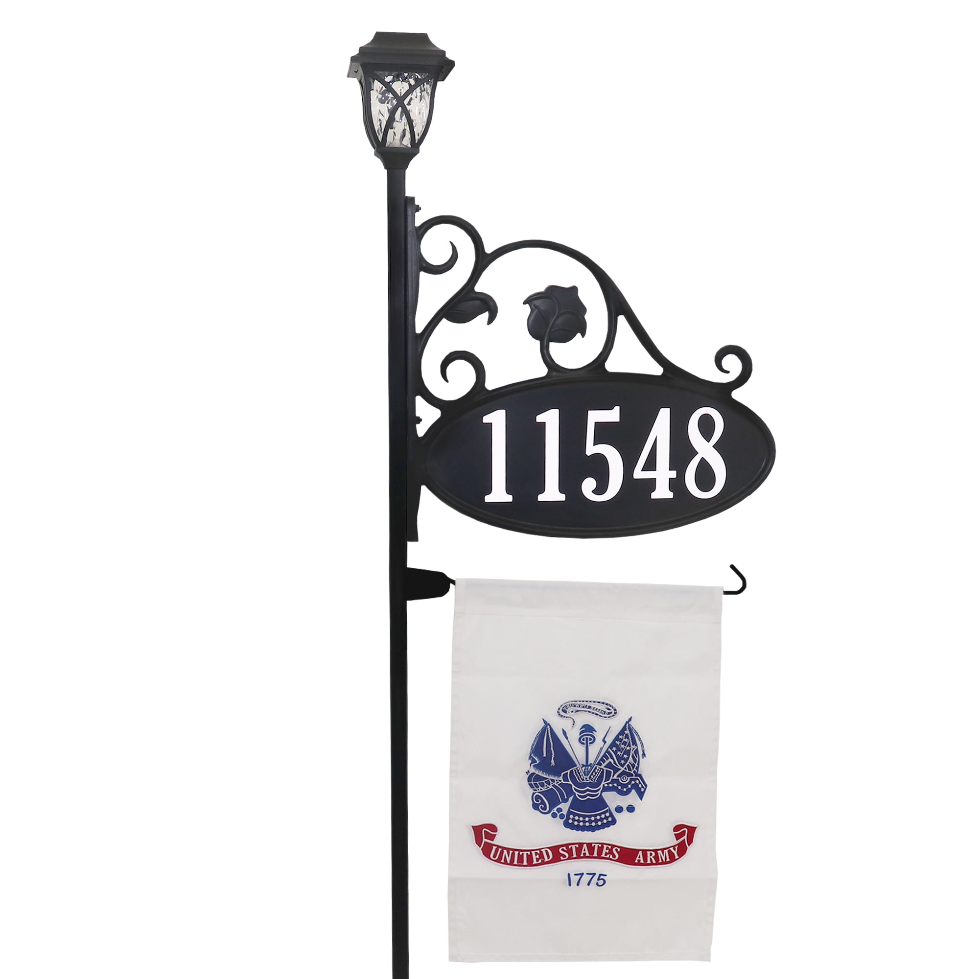Black Oval Reflective Address Plaque with Solar Light and Army Flag