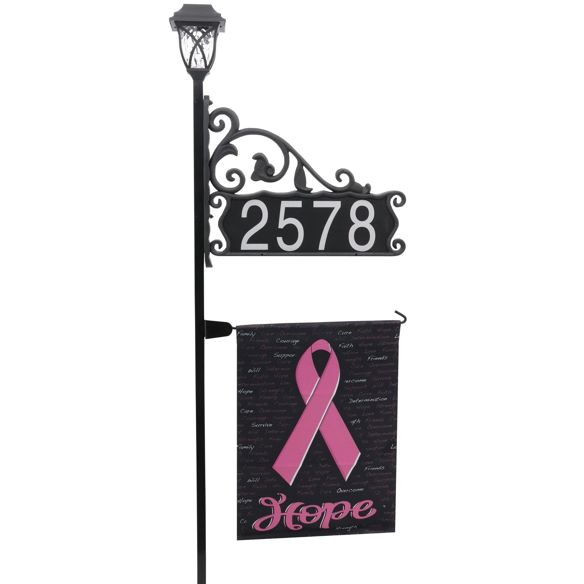 Address America USA Handcrafted, Double-Sided Reflective Boardwalk Address Sign with Hope Breast Cancer Flag and Solar Light - 58" Pole