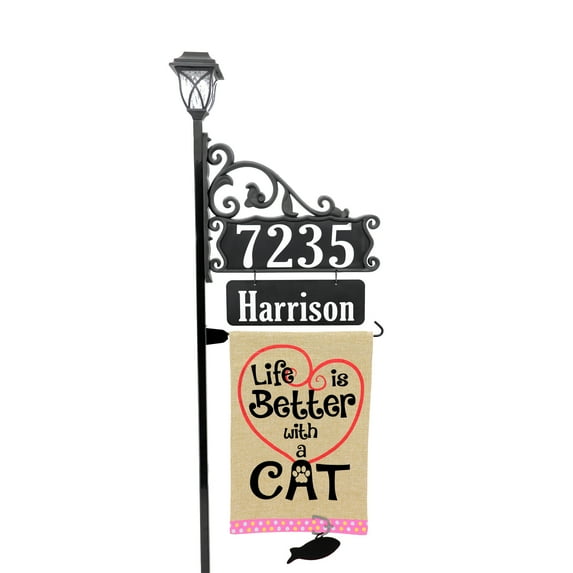 Address America USA Handcrafted, Double-Sided Reflective Boardwalk Reflective Address Sign with Name Rider, Life is Better with a Cat Flag and Solar Light on 58" Post