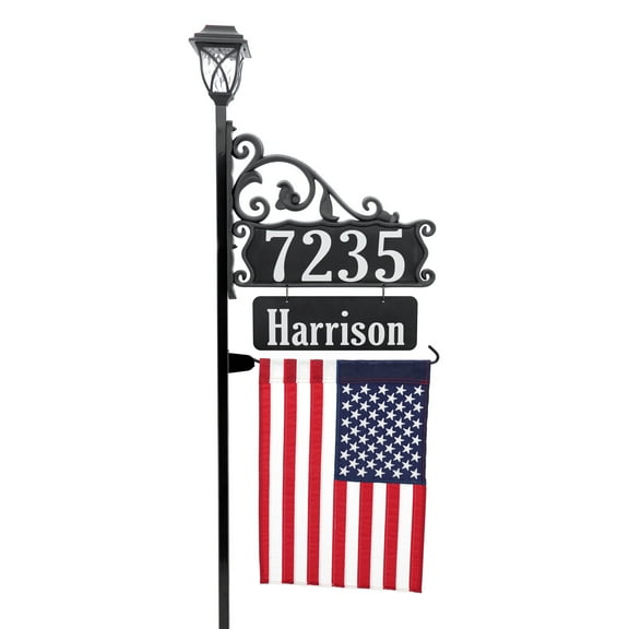 Address America USA Handcrafted, Double-Sided Reflective Boardwalk Reflective Address Sign with Name Rider, American Flag and Solar Light on 48" Post