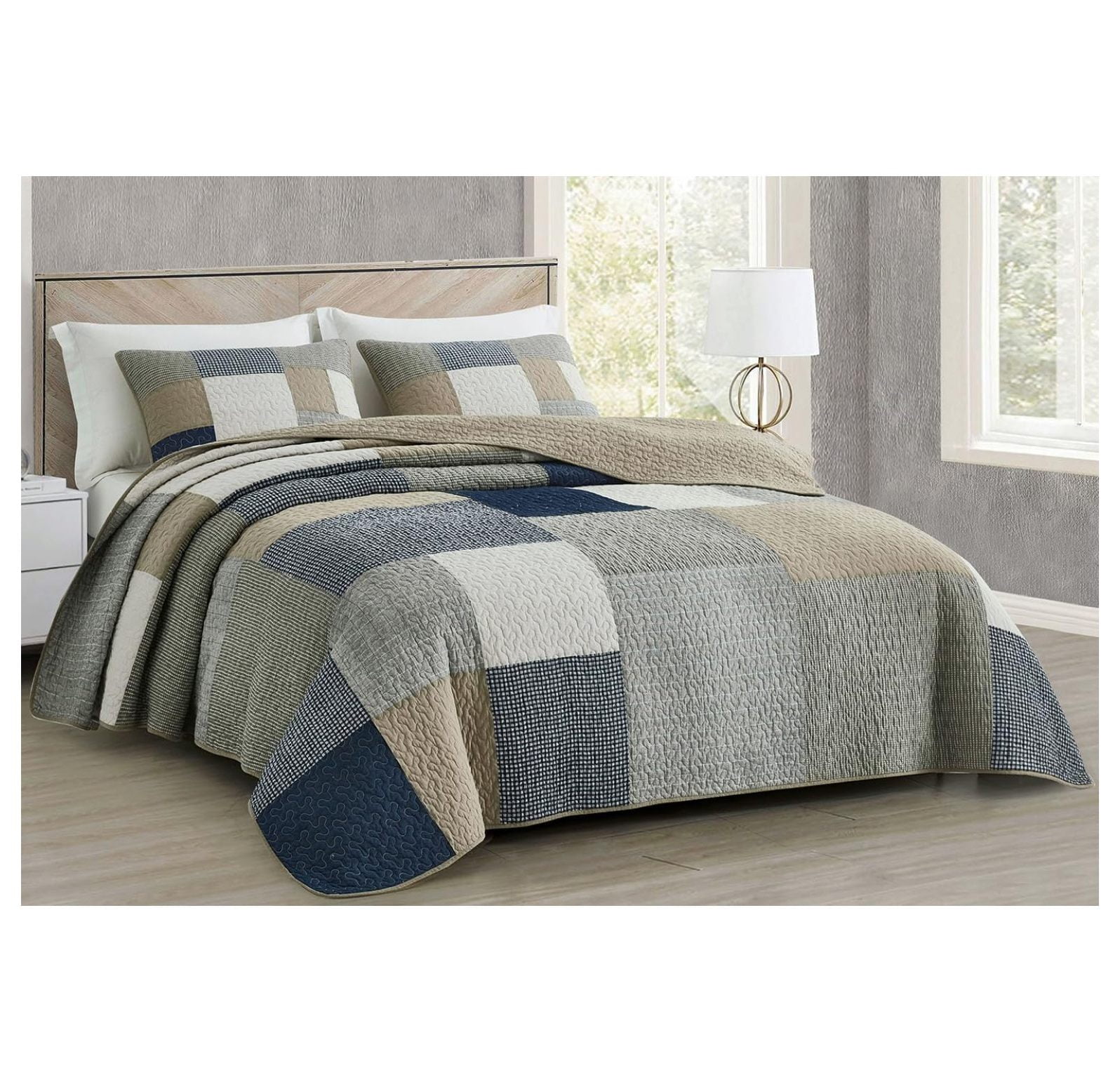 Addy 3-Piece Navy Blue White Gray Taupe Plaid Patchwork Quilt Set - Pre ...