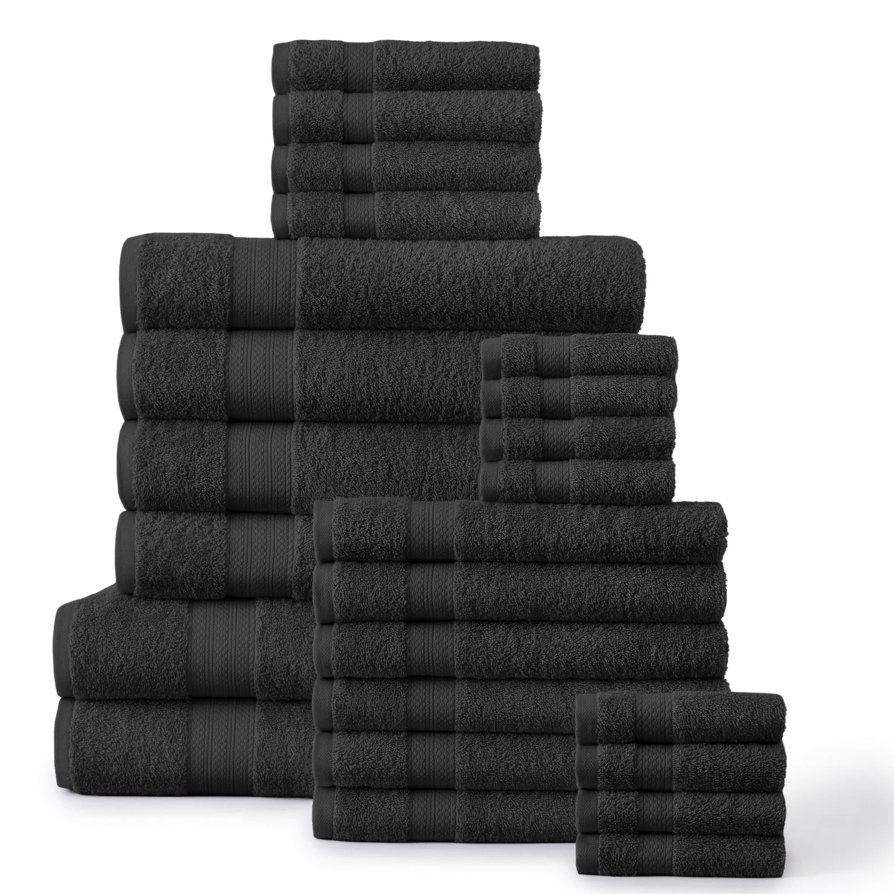 Addy Home 24 Pieces Solid Print Cotton Bath Towels, Black