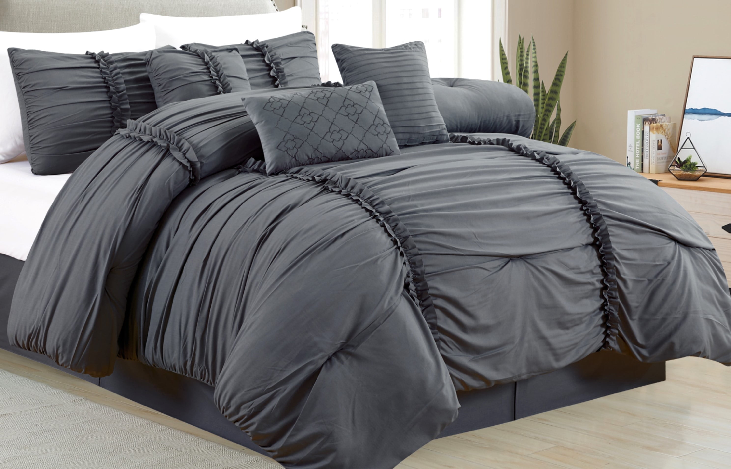 Addy Home Fashions Solid Print Microfiber Comforter Sets, Queen, Gray, 7Pieces