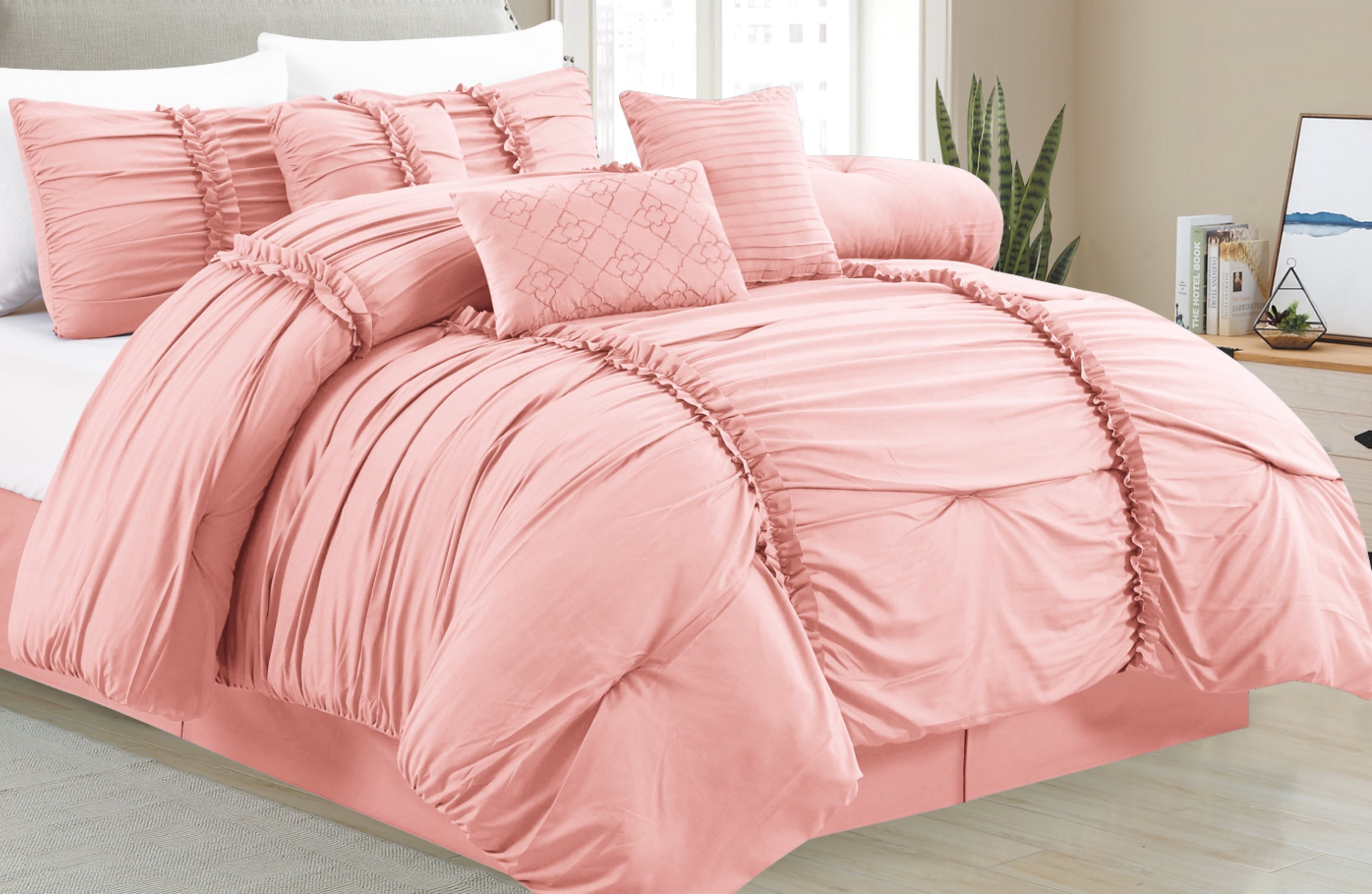 Addy Home Fashions Solid Print Microfiber Comforter Sets, Queen, Pink, 7Pieces