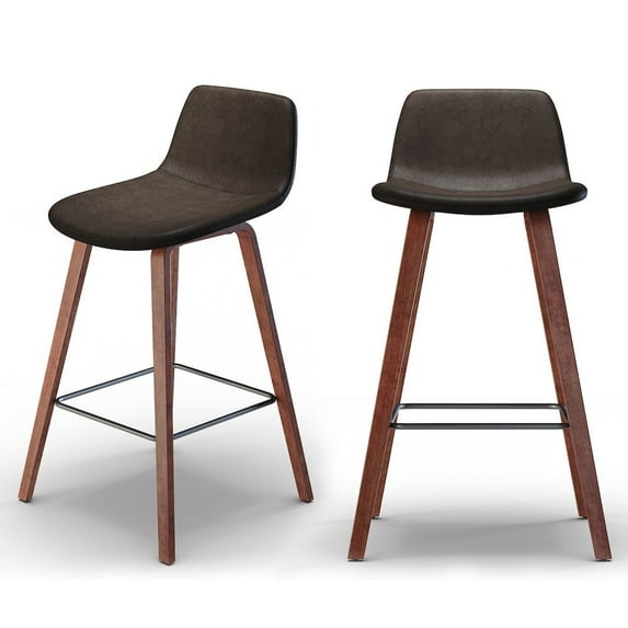 Simpli Home Addy Mid-Century Modern 26 " Counter Stool (Set of 2) in Distressed Brown Faux Leather