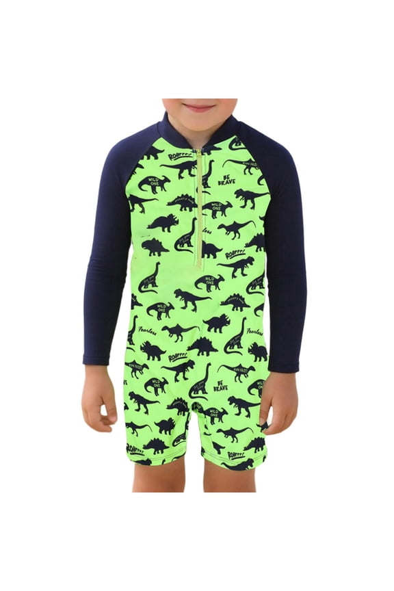 1-2 Years Toddler Boy Swimsuit Long Sleeve Zipper Swimsuit Cartoon Prints Rash Guard Charm Bathing Suits Green
