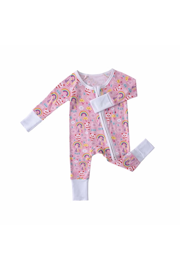 Boys Onesies 3-6 Months Crewneck Long Sleeve Baby Outfit Zipper Style Rainbow Print Full Length Pants Baby And Toddler Set Newborn Summer Clothes Pink