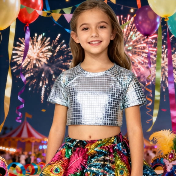 Adeawade Carnival Girl Tops Short Sleeve Girls Grid Glitter Crop Top For Stage Performance Wear Round Neck Tee Basic Wear 3-4 Years Silver