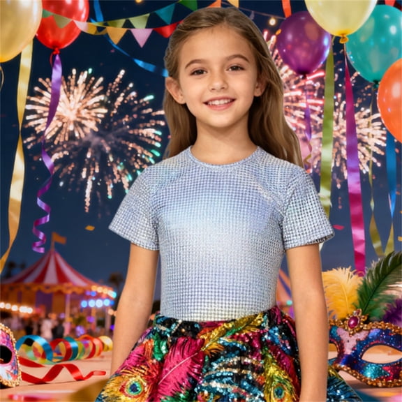 Adeawade Carnival Girl Tops Short Sleeve Girls Sequin Performance Top Dance Shirt Stage Sparkly Glitter Tee For Kids Show Round Neck Tee Basic Clothes 7-8 Years Silver