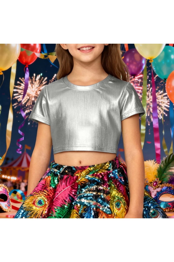 Carnival Tops For Girls Short Sleeve Unisex Striped T Shirt With Allover Sequins Reflective Loose Fit Dance Top For Kids Adults Round Neck Tee Basic Wear 7-8 Years White