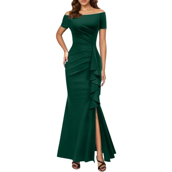 Adeawade Casual Dresses For Women Dress Short Sleeve Wrap Party Hem Slit Round Neck Summer Simple Style Sweet Daily Wear Green L