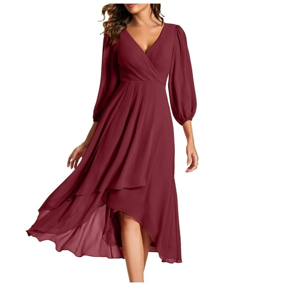 Adeawade Casual Dresses For Women Lady Chiffon Spring V Neck Long Sleeves Pleated A Line Midi Length Wedding Guest Dress Basic Sweet Daily Wear Red L