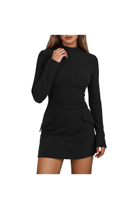 Casual Dresses For Women Round Neck Long Sleeve Dress Solid Color Slim Fit Mini Dresses Basic Wear Black L