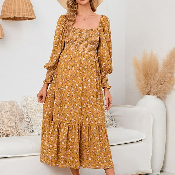 Adeawade Casual Dresses For Women Spring Pregnant Chiffon Dress Small Floral Dress Long Sleeved Dress Pregnants Photography Props Off Shoulders Maternity Dress Comfy Maternity Clothes Yellow Xl