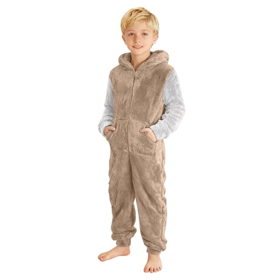 Adeawade Child Boys Spring Onesie 8-9 Years Long Sleeve Round Neck Boys Warm Hooded Onesie Jumpsuit Winter Warm Pajamas With Color Design For Toddlers And Kids Lightweight Clothes Khaki