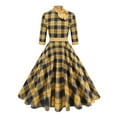 thumbnail image 1 of Adeawade Christmas Dresses For Women 2025 Plaid High Neck Dress Three Quarter Sleeve Xmas Bow Tie Waist A Line Skirt Basic Wear Yellow S, 1 of 5