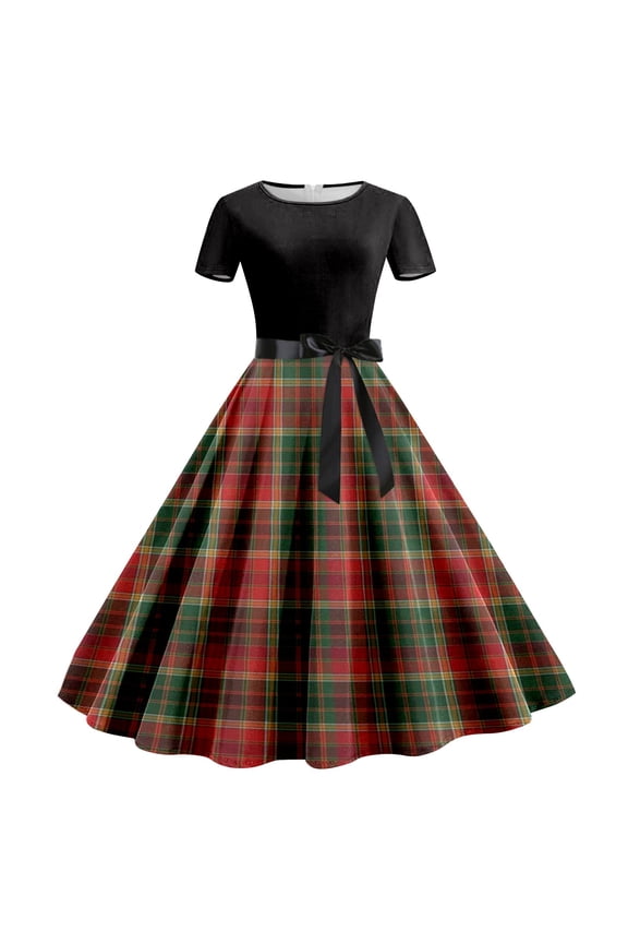 Christmas Dresses Short Sleeve Evening Party Prom Dress Winter Round Neck Plaid Prints Dresses Stylish Clothes Brick Red M